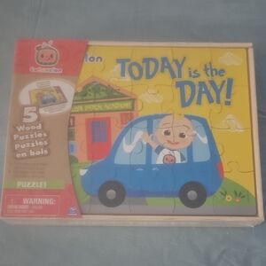 New unopened Cocomelon 5 pack Puzzle in Wooden Storage Box